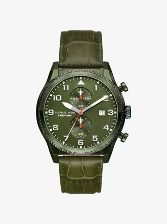 Übergroße Panorama-Uhr aus olivfarbenem Leder mit Krokodilprägung Übergroße Panorama-Uhr aus olivfarbenem Leder mit Krokodilprägung
