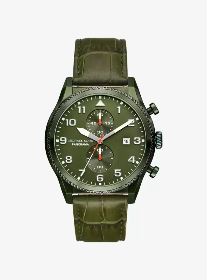 Übergroße Panorama-Uhr aus olivfarbenem Leder mit Krokodilprägung Übergroße Panorama-Uhr aus olivfarbenem Leder mit Krokodilprägung