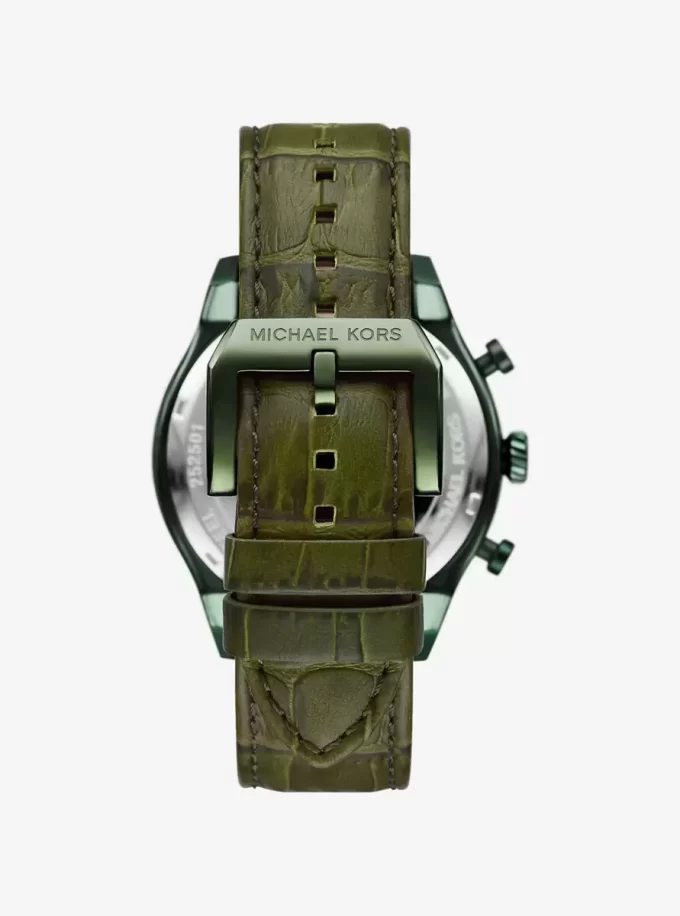 Übergroße Panorama-Uhr aus olivfarbenem Leder mit Krokodilprägung Übergroße Panorama-Uhr aus olivfarbenem Leder mit Krokodilprägung