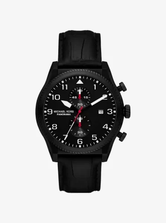 Übergroße Panorama-Uhr in Schwarz und mit Krokodilprägung Übergroße Panorama-Uhr in Schwarz und mit Krokodilprägung