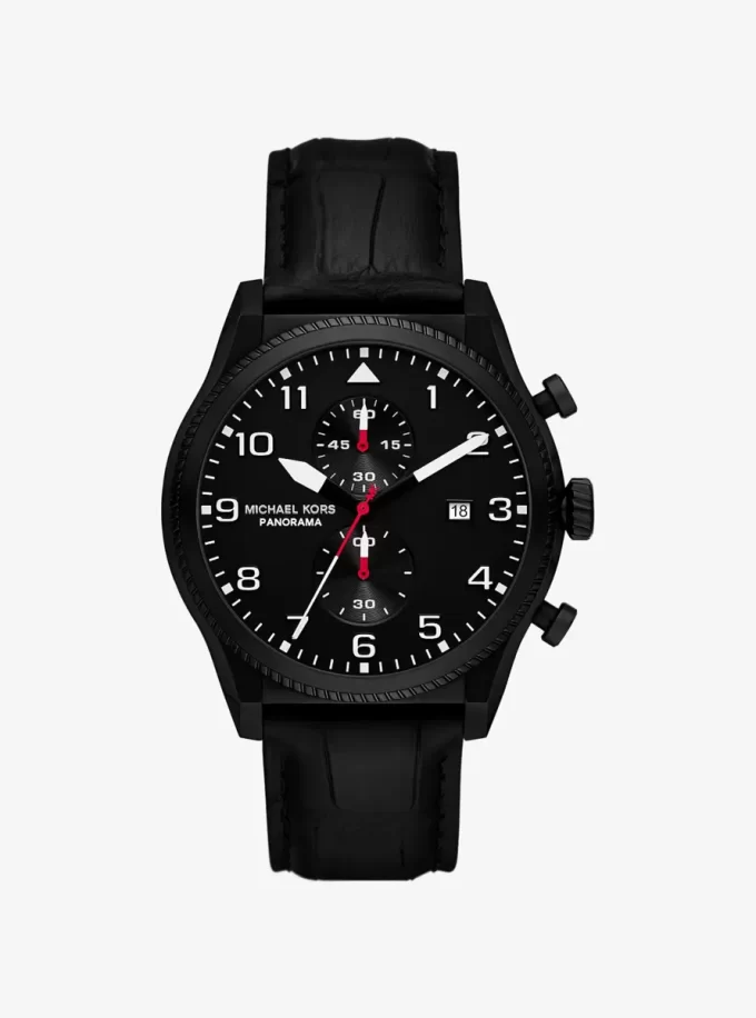 Übergroße Panorama-Uhr in Schwarz und mit Krokodilprägung Übergroße Panorama-Uhr in Schwarz und mit Krokodilprägung