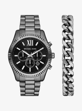 Übergroßes Lexington-Uhren- und Armband-Geschenkset in Gunmetal-Optik
