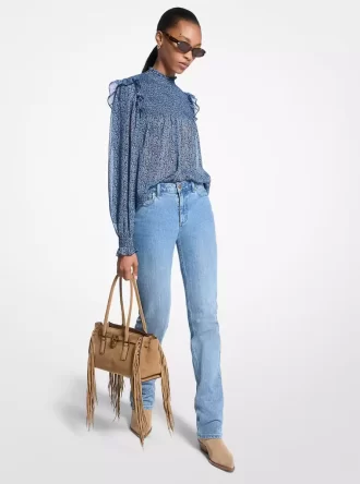 Bluse aus Georgette mit Metallic-Paisley-Print und Smokdetails