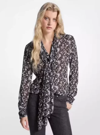 Georgette-Bluse mit Blumenmuster und Bindekragen