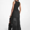 Georgette-Kleid mit asymmetrischem Saum und Smok-Einsatz