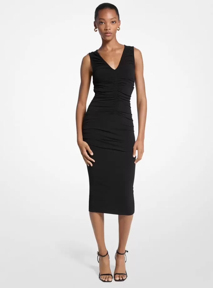 Gerafftes Midikleid aus mattem Stretch-Jersey Gerafftes Midikleid aus mattem Stretch-Jersey