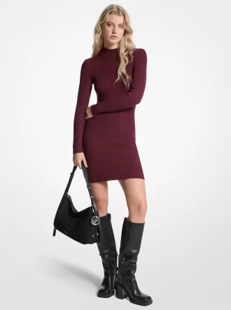 Geripptes Kleid aus Stretchwolle mit Stehkragen