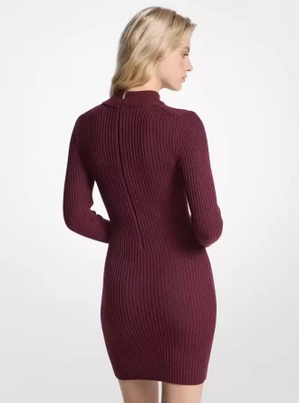 Geripptes Kleid aus Stretchwolle mit Stehkragen