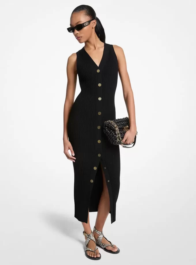 Geripptes Midikleid aus Stretch-Viskose Geripptes Midikleid aus Stretch-Viskose