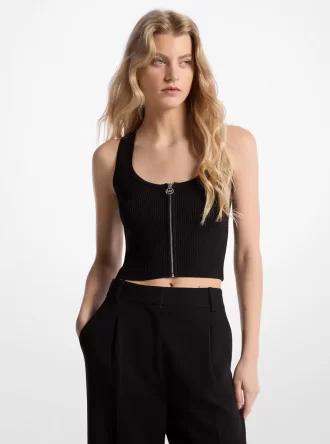 Geripptes Tanktop aus Viskosemischung mit Reißverschluss