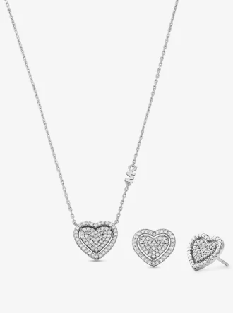 Geschenkset aus edelmetallplattiertem Sterlingsilber mit Pavé-Herz-Halskette und Ohrringen