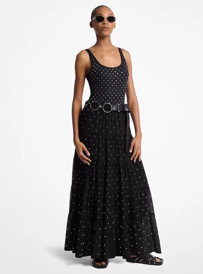 Gesteppter Maxirock aus Georgette mit Nieten Gesteppter Maxirock aus Georgette mit Nieten