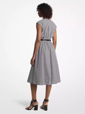 Gestreiftes Midikleid aus Baumwollpopeline mit Gürtel
