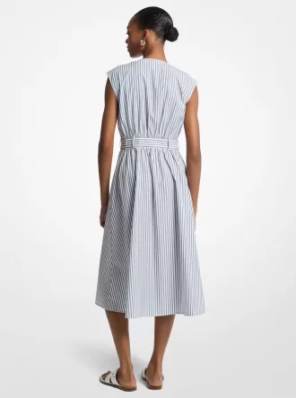 Gestreiftes Midikleid aus Baumwollpopeline mit Gürtel