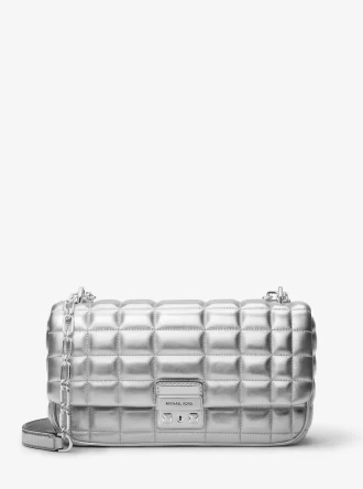 Große Tribeca Schultertasche aus gestepptem Metallic-Leder