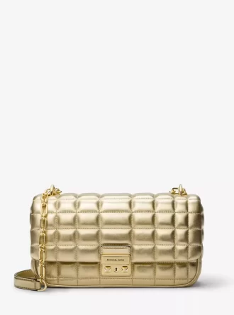 Große Tribeca Schultertasche aus gestepptem Metallic-Leder