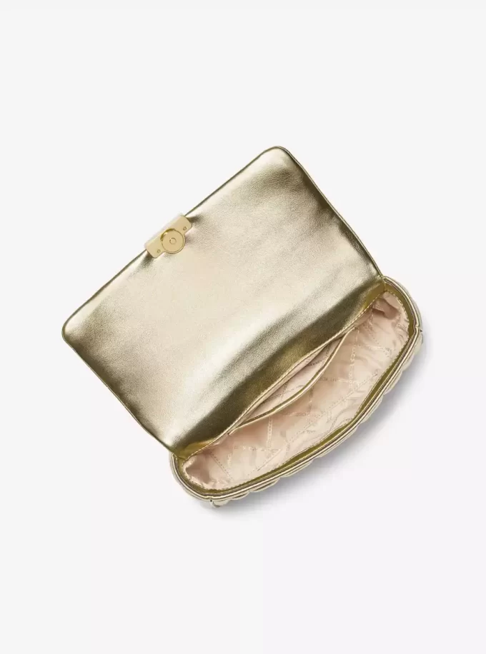 Große Tribeca Schultertasche aus gestepptem Metallic-Leder