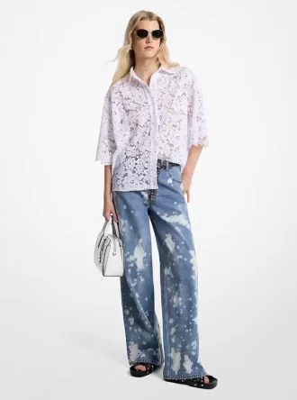 Handbespritzte, gebleichte Denim-Jeans mit weitem Bein