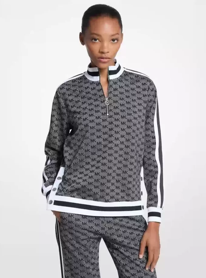 Jacke aus metallisch schimmerndem Stretch-Strick mit Logoprint und halbem Reißverschluss