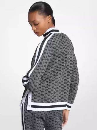 Jacke aus metallisch schimmerndem Stretch-Strick mit Logoprint und halbem Reißverschluss