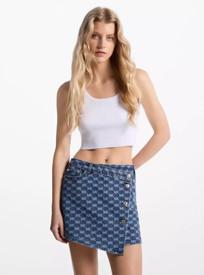 Jeans-Wickelrock mit Logo-Jacquard-Muster Jeans-Wickelrock mit Logo-Jacquard-Muster
