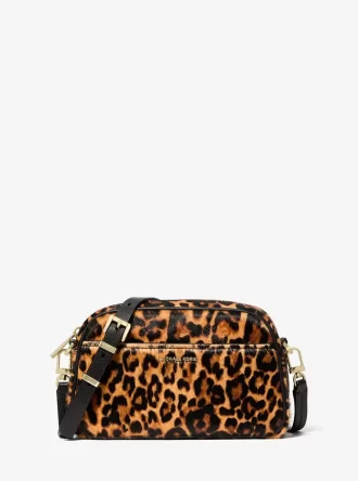 Jet Set Kleine Kamera-Umhängetasche mit Leopardenmuster aus Kalbsfell