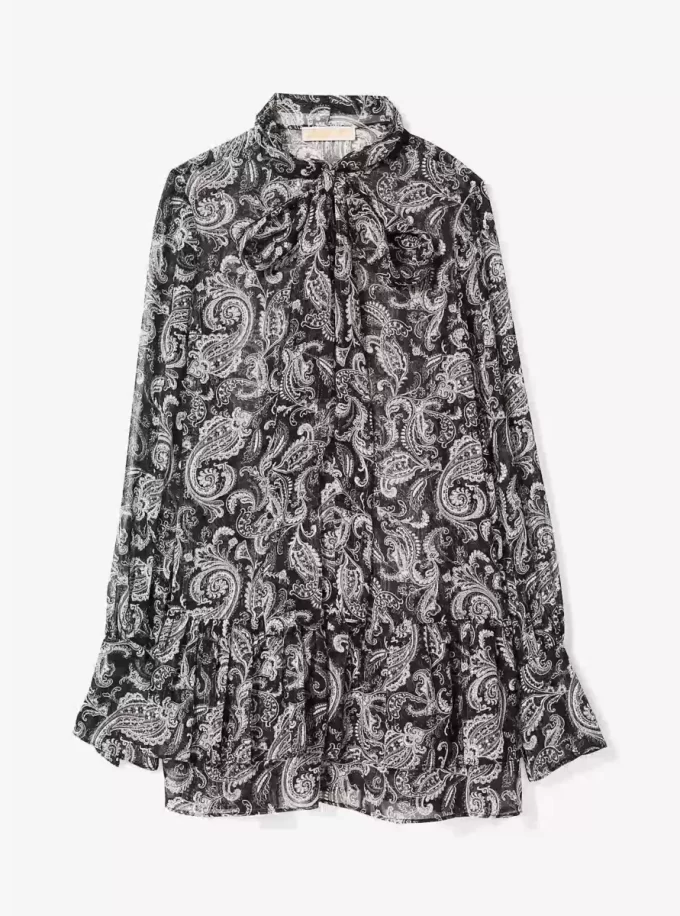 Kleid aus metallisch schimmerndem Paisley-Georgette mit Bindekragen