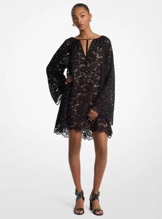 Kleid mit Nieten, Kordel, floraler Spitze und V-Ausschnitt