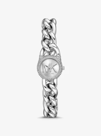 Kleine, silberfarbene Pavé-Armbanduhr mit Kettengliedern
