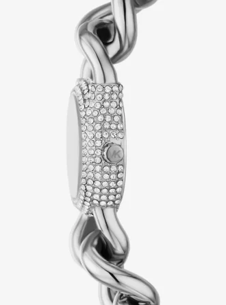Kleine, silberfarbene Pavé-Armbanduhr mit Kettengliedern