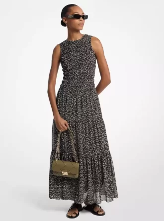 Maxikleid aus Georgette mit Blumenmuster und Smokdetails