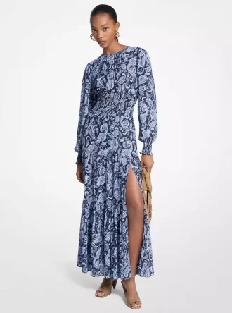 Maxikleid aus Georgette mit Paisley-Muster und Smok-Einsätzen