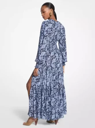 Maxikleid aus Georgette mit Paisley-Muster und Smok-Einsätzen