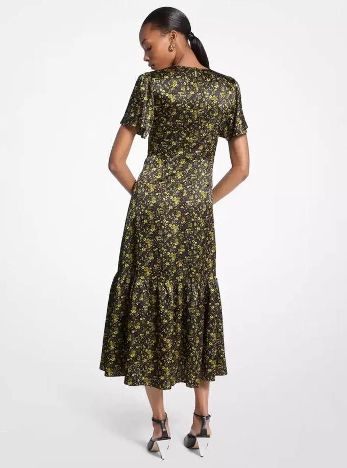 Midikleid aus gehämmertem Satin mit Blumenmuster