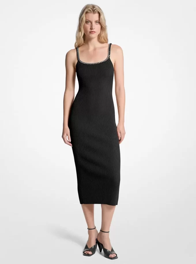 Midikleid aus geripptem Stretch-Strick mit Kettenmuster