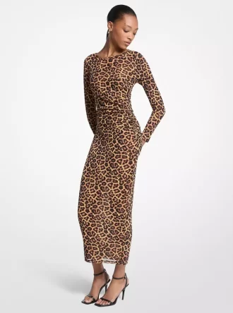 Midikleid aus Nylon-Mesh mit Leopardenmuster