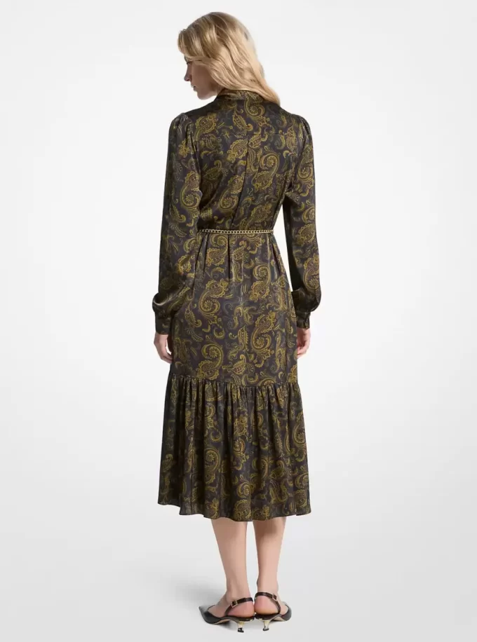 Midikleid aus Satin mit Paisley-Muster und Bindekragen