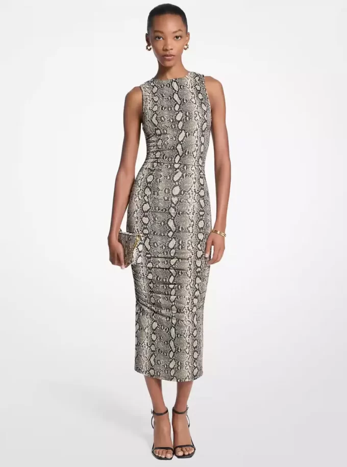 Midikleid aus Stretch-Jersey mit Schlangenmuster und Raffungen