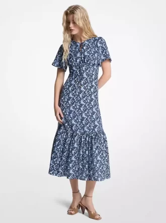 Midikleid aus Viskose-Seiden-Mischgewebe mit Blumenmuster