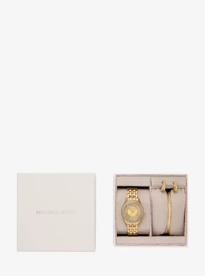 Mini Harlowe Pavé Goldfarbenes Uhren- und Schmuckset