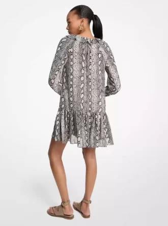 Minikleid aus Georgette mit Schlangenmuster und Rüschen