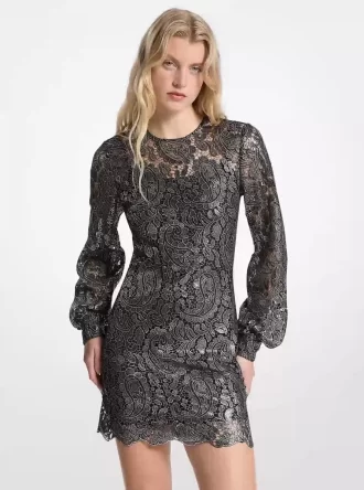 Minikleid aus metallisch schimmernder Paisley-Spitze