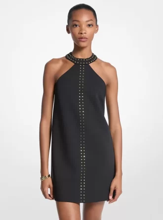 Minikleid aus Stretch-Crêpe mit Nieten und Neckholder