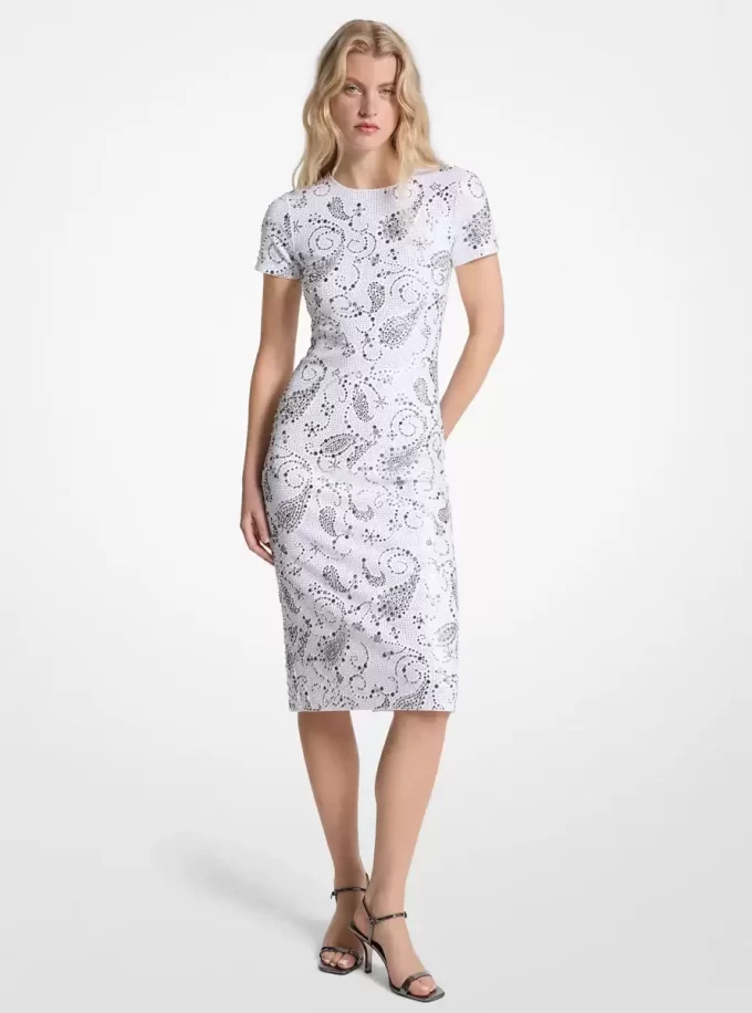 Nietenbesetztes Paisley-Scuba-Midikleid Nietenbesetztes Paisley-Scuba-Midikleid