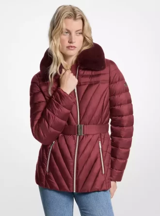 Packbare Nylon-Steppjacke mit Kunstpelzbesatz