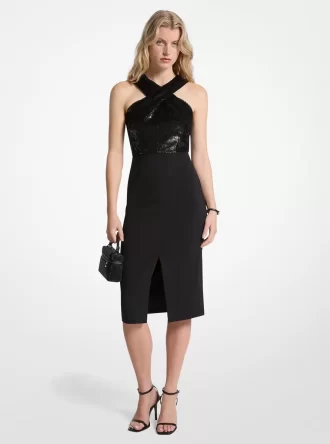 Pailletten- und Crêpe-Neckholderkleid