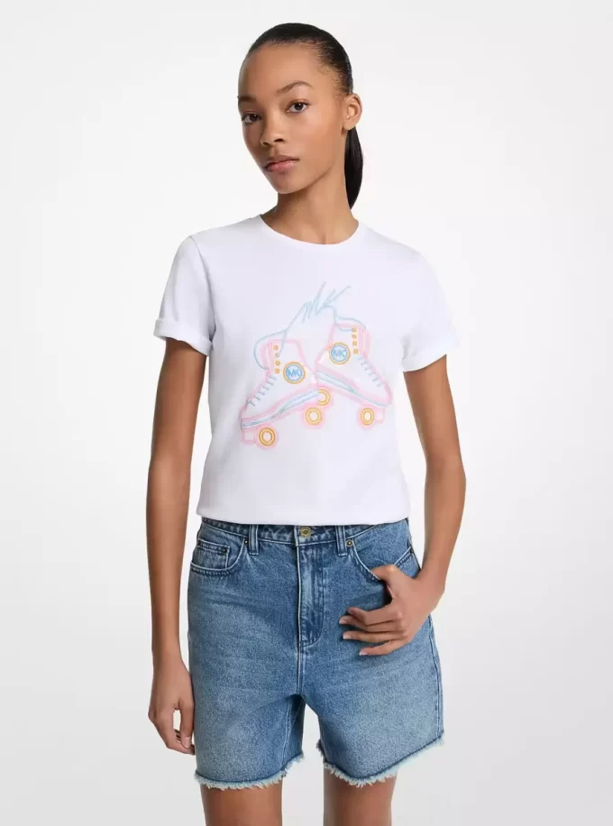 Paillettenbesetztes Baumwoll-T-Shirt mit Grafik