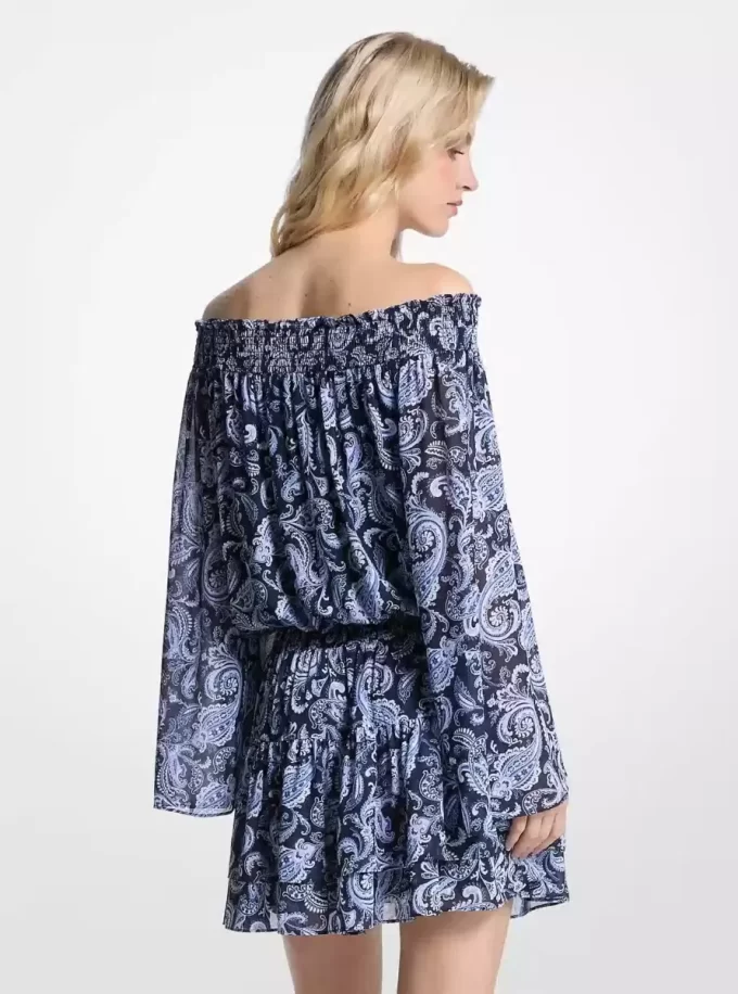 Paisley-Georgette-Kleid mit schulterfreiem Ausschnitt
