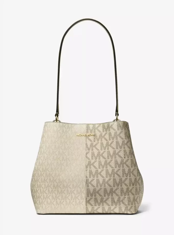 Pratt Medium Zweifarbige Metallic-Schultertasche mit charakteristischem Logo Pratt Medium Zweifarbige Metallic-Schultertasche mit charakteristischem Logo