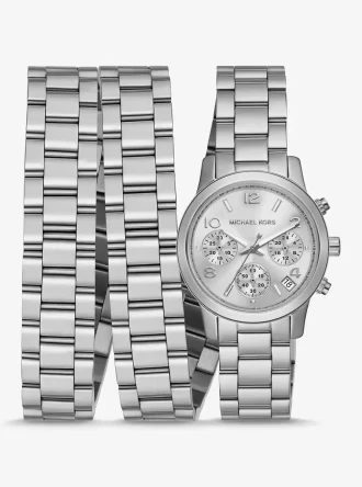 Runway Rhodium-plattierte Edelstahl-Dreifachwickeluhr